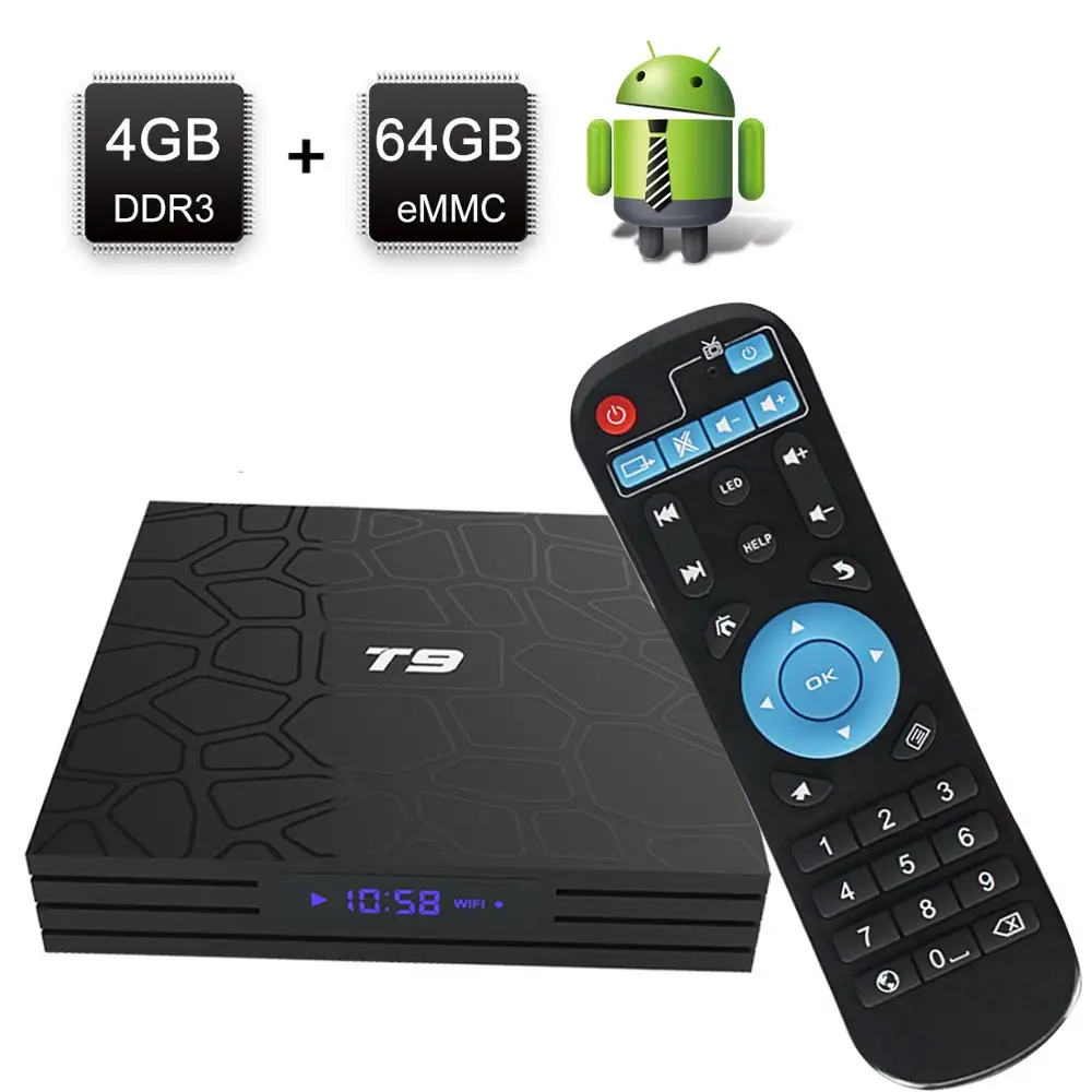 Новый ТВ бокс T9 Android 8 1 4GB64GB Rockchip RK3328 32G BT4.1 Wifi 1080 P H.265 4 K VP9 10 проигрыватель Google Smart set