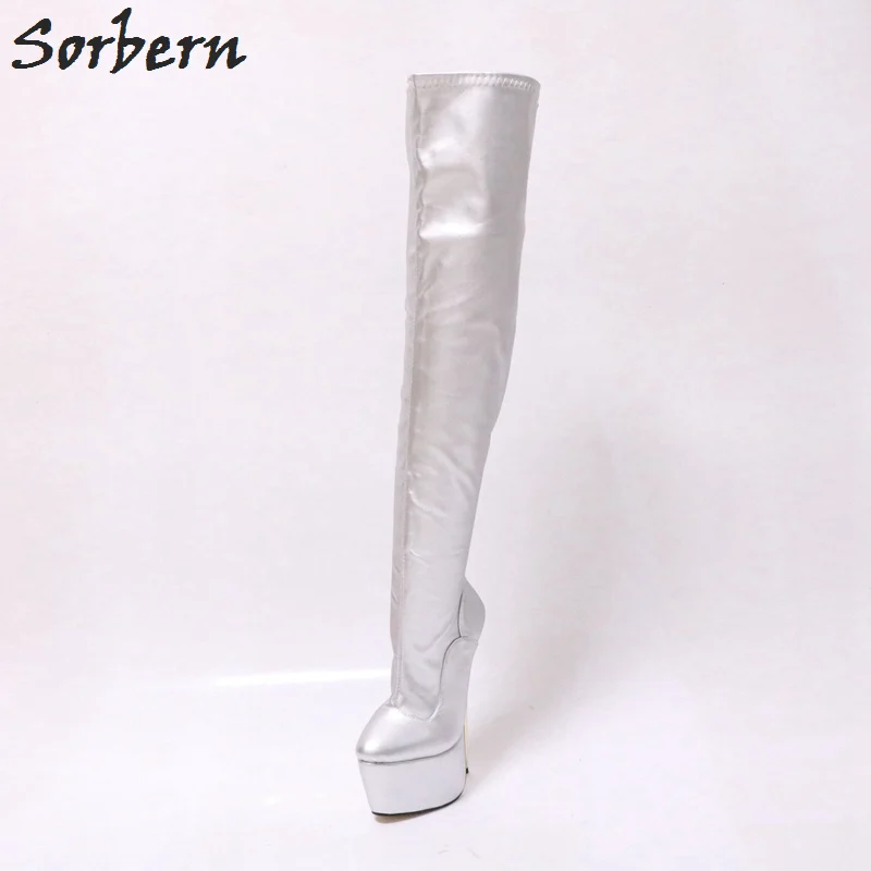 Sorbern/Серебристые Сапоги выше колена женские туфли на платформе и высоком тонком
