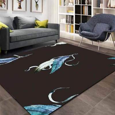 

Else Black Floor White Blue Bird Feather Aztec 3d Print Non Slip Microfiber Living Room Decorative Modern Washable Area Rug Mat