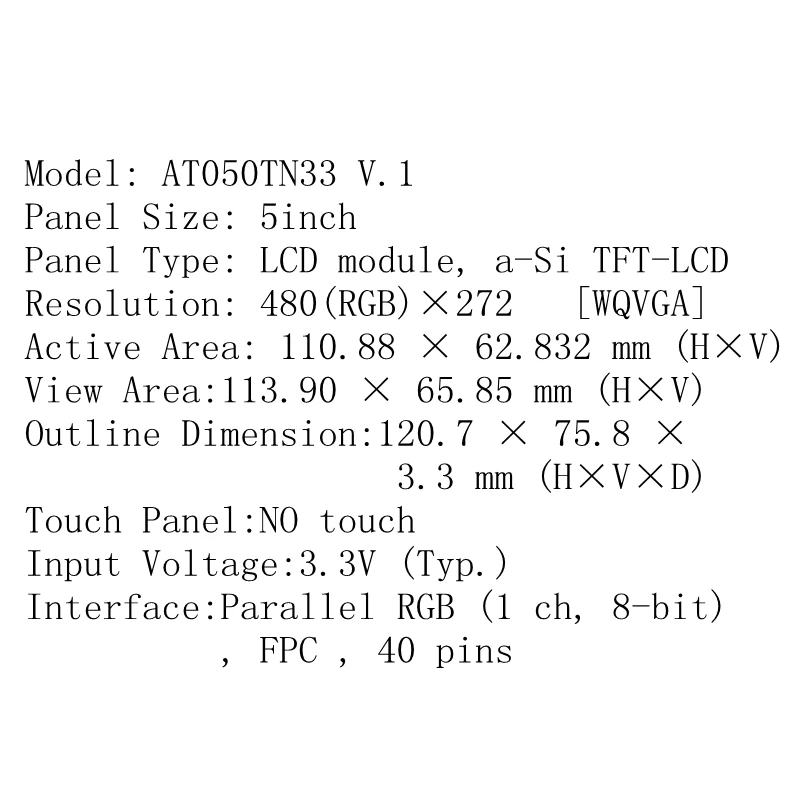 

LCD Screen Display Panel For Innolux 5inch AT050TN33 V.1 Replacement