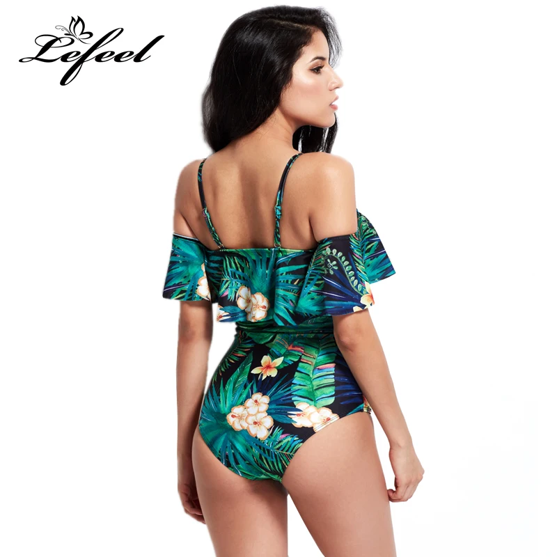 Lefeel One-Piece Suits Print Bathing Suit 2018 Women Sexy Leaf Shoulder Bandage Monokini Swimwear Biquini XXL | Спорт и развлечения