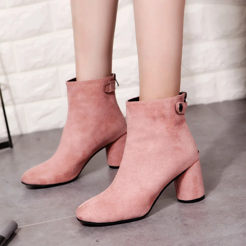 HIZCINTH 2017 Winter Women's Boots Round Head High Heels Short Pink Color Fashion Ankle Suede Shoes B | Обувь