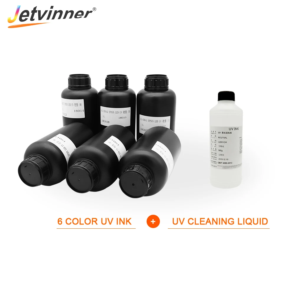 

6 pcs 500 ml UV ink (C/M/Y/K/W/W ) with 1 pcs Cleaning liquid (500ml) for UV Printer for Phone Case, Metal, Glass, Acrylic
