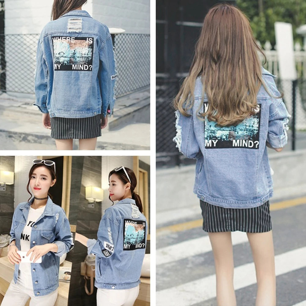 Модные потертые с длинным рукавом Письмо печати Patch Denim Jacket Для женщин рваные