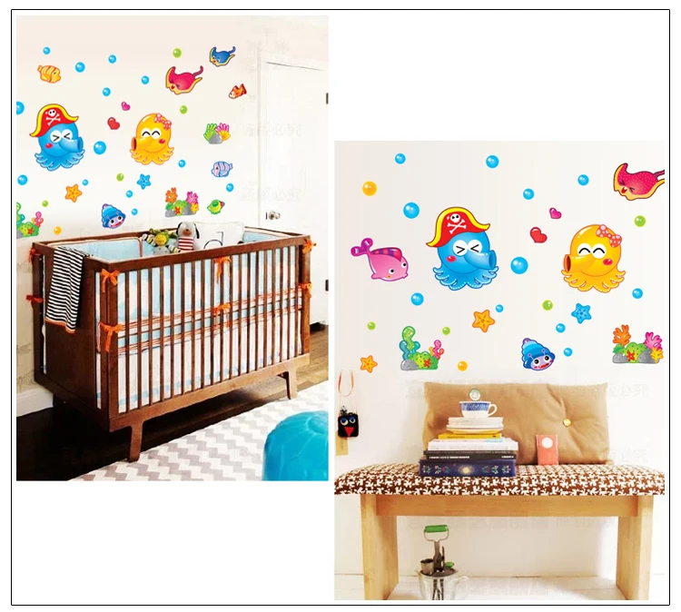 Мультяшная Настенная Наклейка с дельфином маленькой рыбой Осьминогом сделай сам