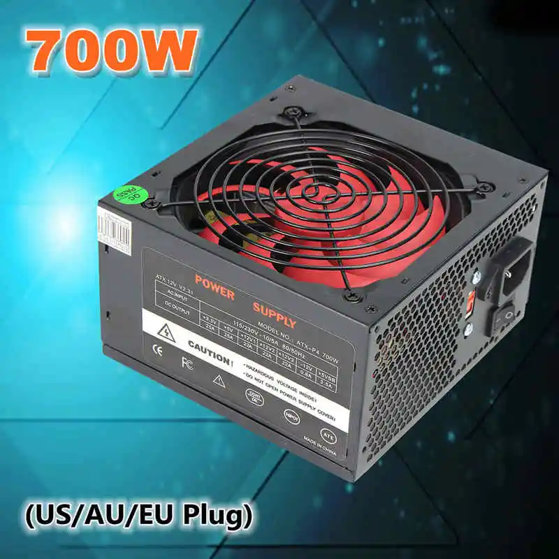 Блок питания для игрового ПК MAX 700W с разъемами AU/EU/US Plug, поддержкой PCI SATA ATX 12V, 24Pin/Molex/Sata, вентилятором 12 см. до 700 ватт для компьютера BTC.