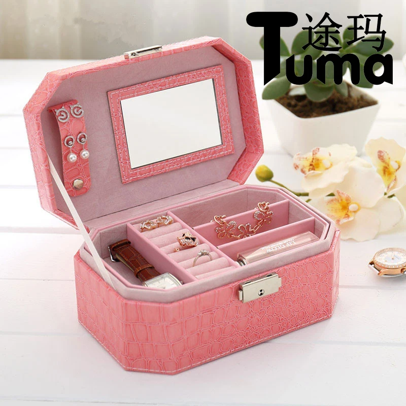 Pu двойные слои шкатулка с зеркалом Крокодил Pattern Косметические Box rng колошения