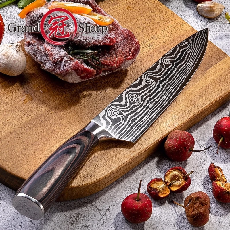 Нож шеф-повара, 8 дюймов, Профессиональные Кухонные ножи, лазерная шлифовка, японский дамасский узор, высокоуглеродистая Нержавеющая сталь, Подарочный нож