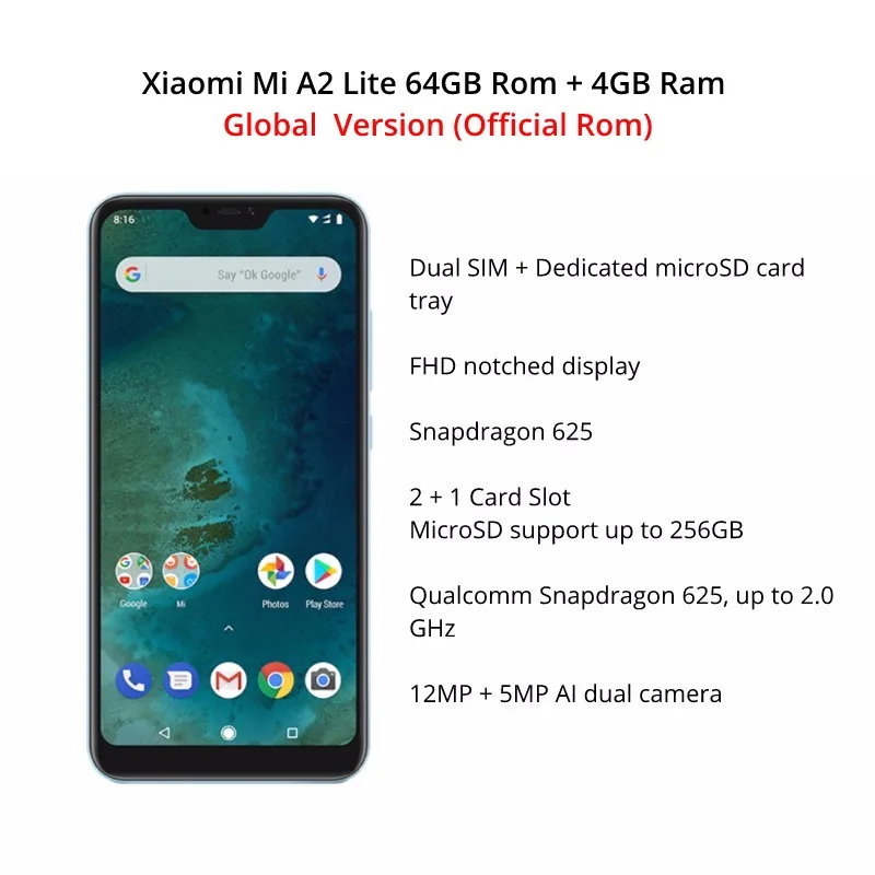 Глобальная версия Xiaomi Mi A2 Lite 64GB ROM 4GB RAM (Новый комплект и Запечатанная