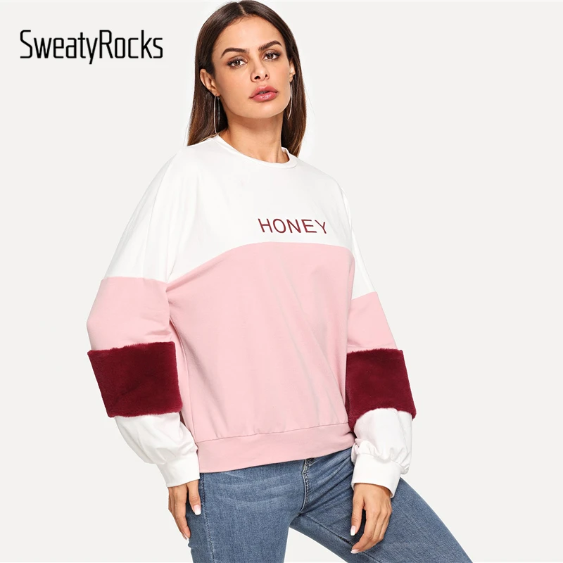 SweatyRocks разноцветная контрастная флисовая толстовка с длинными рукавами пуловеры с надписями новые осенние женские повседневные топы