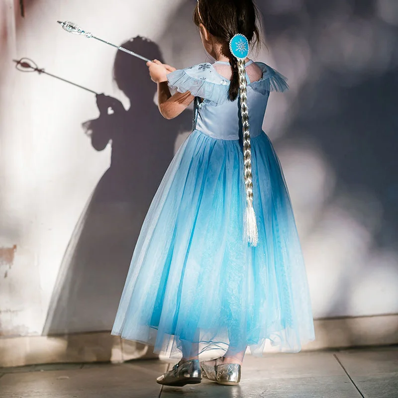 Light Blue Elsa Mesh Summer Girl Dress Cloak Performance Clothing Kid Dresses for Children's Day Fairy Princess Dressing | Детская
