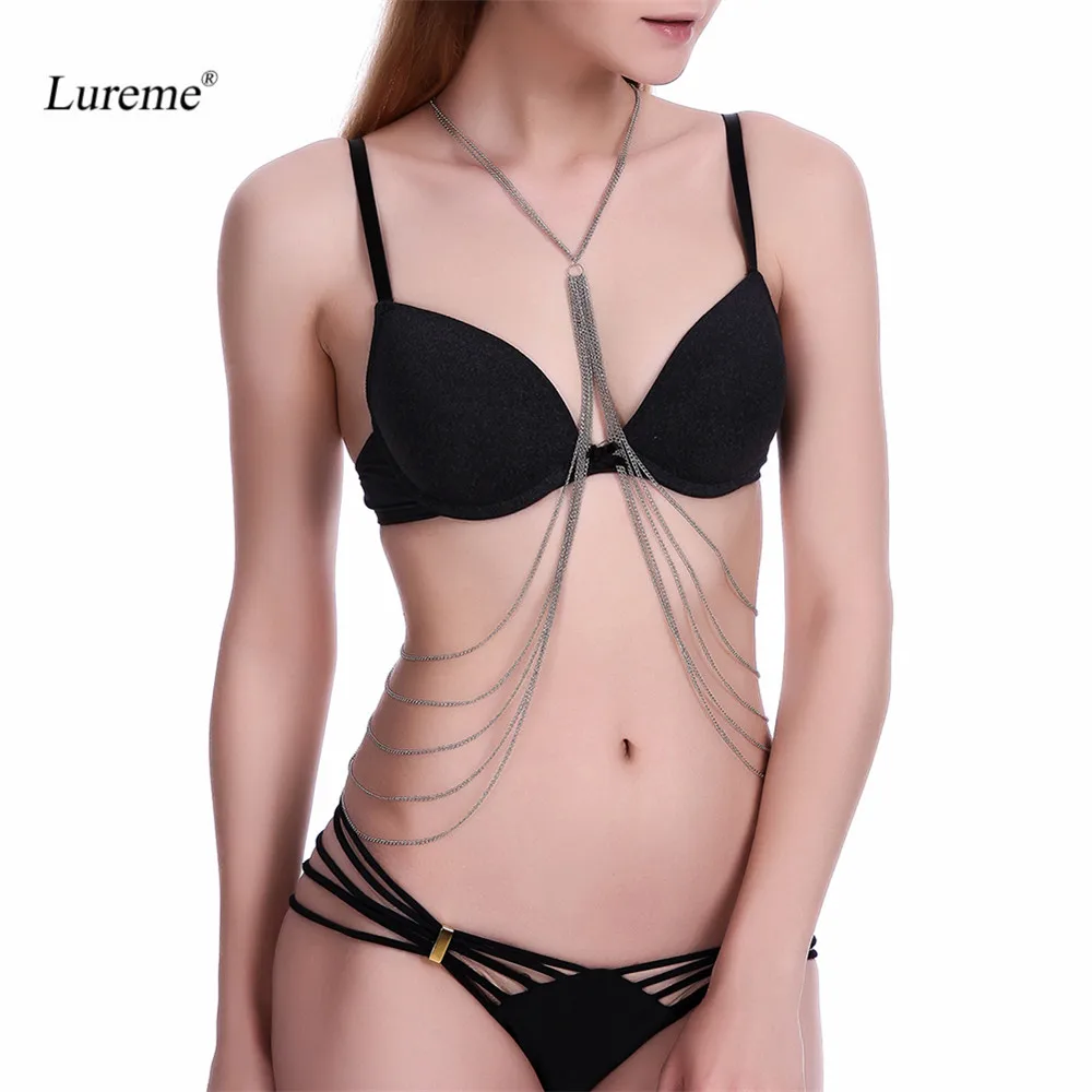 

Lureme Sexy Silver Tone Bikini Beach Crossover Harness Necklace Waist Belly Body Chain Jewelry (bc000005)