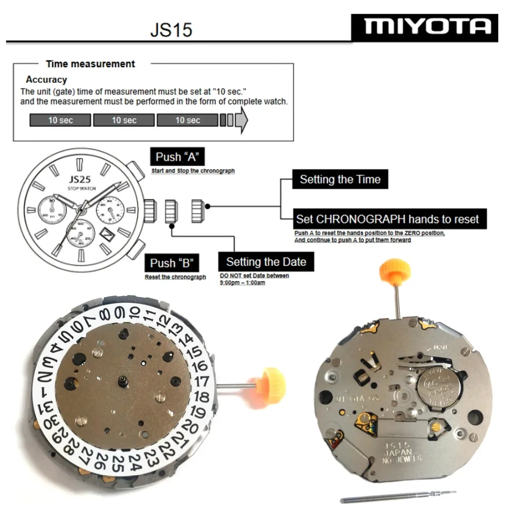 

2PCS. Miyota JS15 Stop Watch Date Quartz Movement Japan Made New
