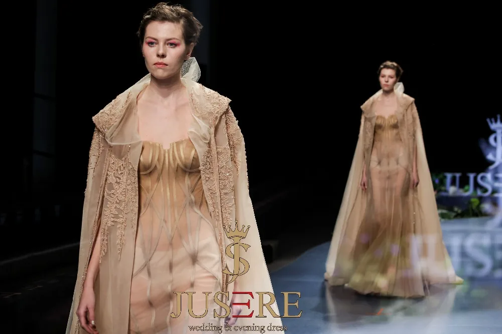 JUSERE FASHION SHOW Champagne Mermaid Evening Dress Embroidery Beaded Sexy See Through Floor Length Formal Dresses