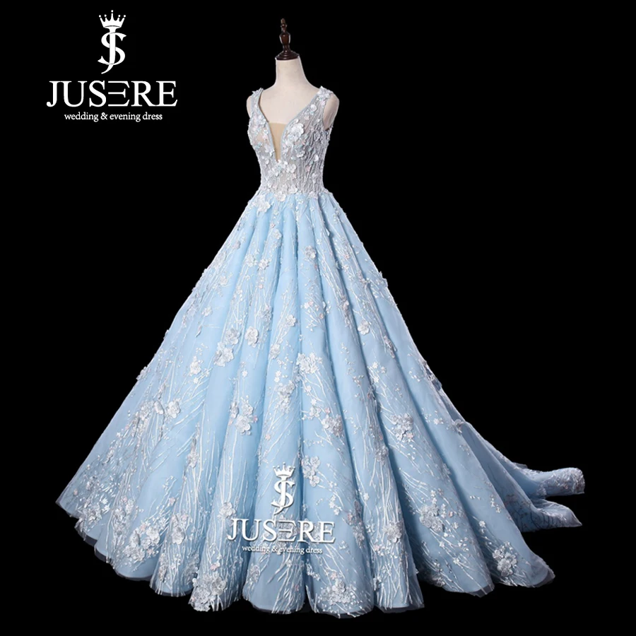 JUSERE robede mariage светло-синее свадебное платье 3D Цветочная вышивка без рукавов развертки Свадебные платья на прокат vestido de noiva