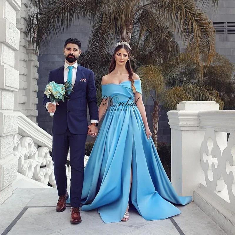 PEORCHI с открытыми плечами синий атласное выпускное платье простой Vestidos Para Formatura 2019
