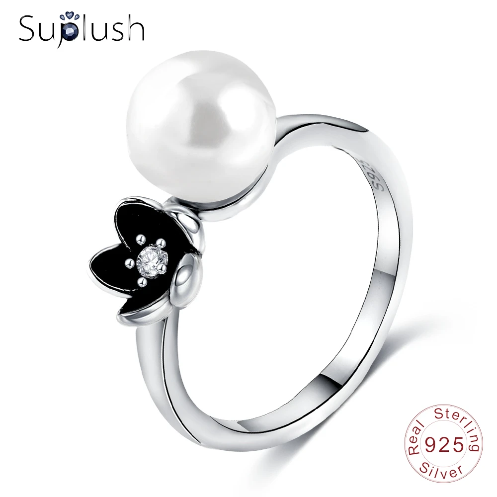 Suplush серебро 925 пробы женские жемчужные кольца цветок из черной эмали Цветочные