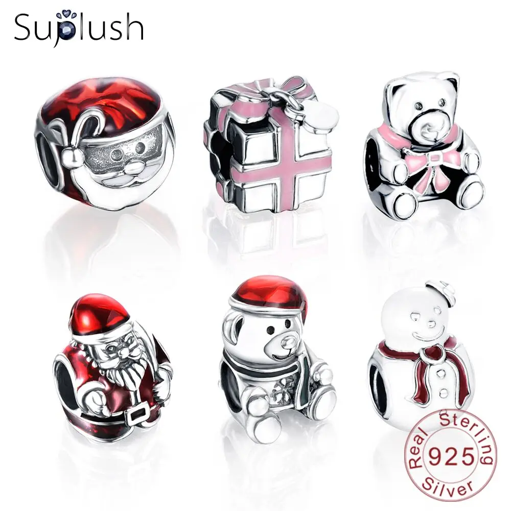 Suplush 100% серебряные бусины 925 пробы рождественский стиль очаровательный браслет