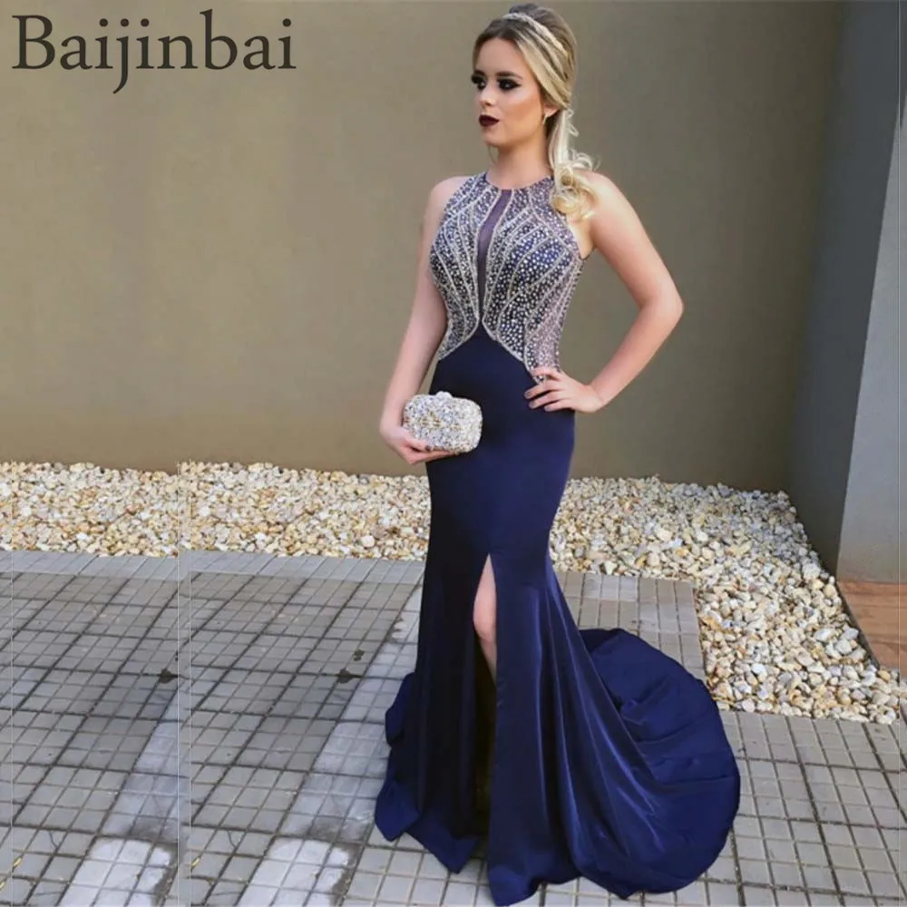 Baijinbai сексуальный разрез выходные платья без рукавов Бисер vestido de festa вечерние для