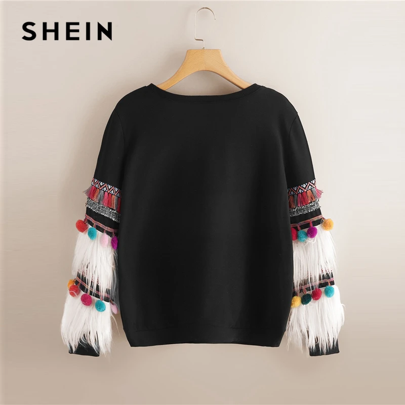 SHEIN Свитшот С Меховой Отделкой, Стильный Свитшот С Отделкой Из Эко Меха И Длинными Рукавами