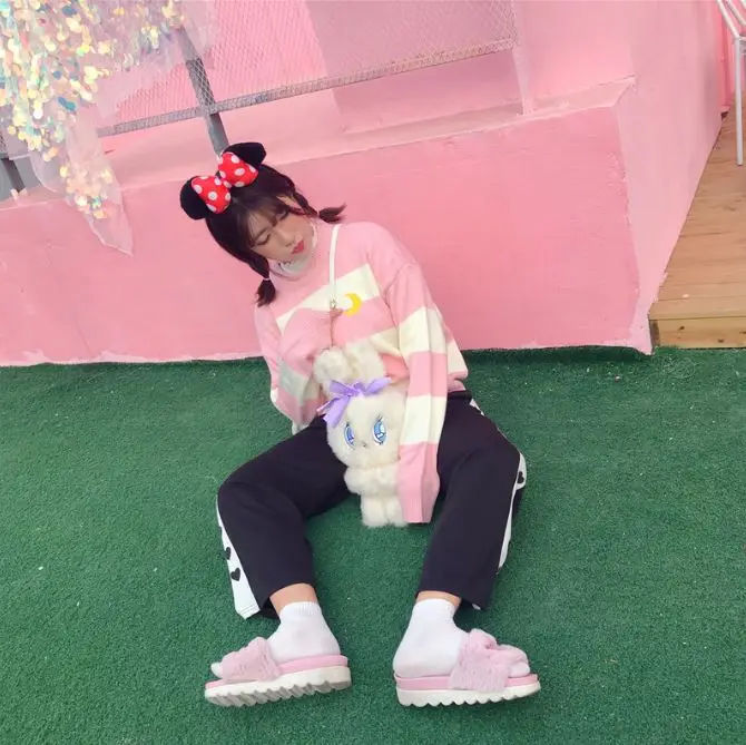 Женский свитер кавайная морская Луна вышивка Harajuku полосатый круглый вырез карамельных цветов длинный рукав вязаный свитер Ulzzang