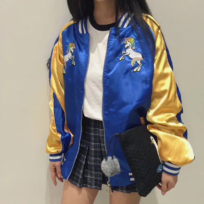 Новинка 2019 года Корея Harajuku Мягкая девушка Бейсбол Форма пальто Радуга Единорог