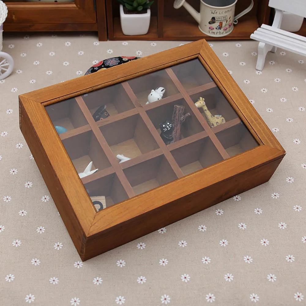 

Retro storage box 12 grid small wooden box desktop boxes jewellery storage glass cover boxes bins sundries box gift