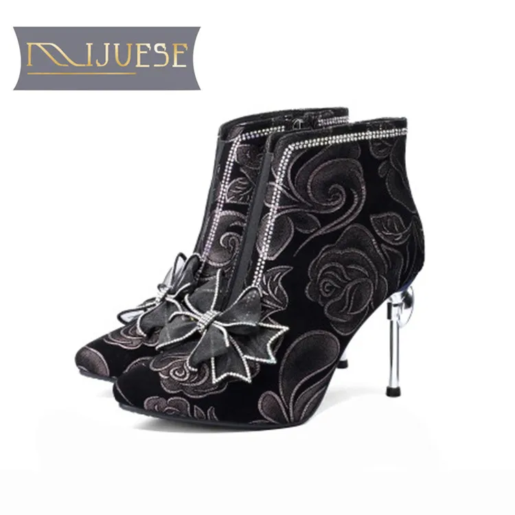 MLJUESE/женские ботильоны из замши с бантом на тонком высоком каблуке зиму короткие