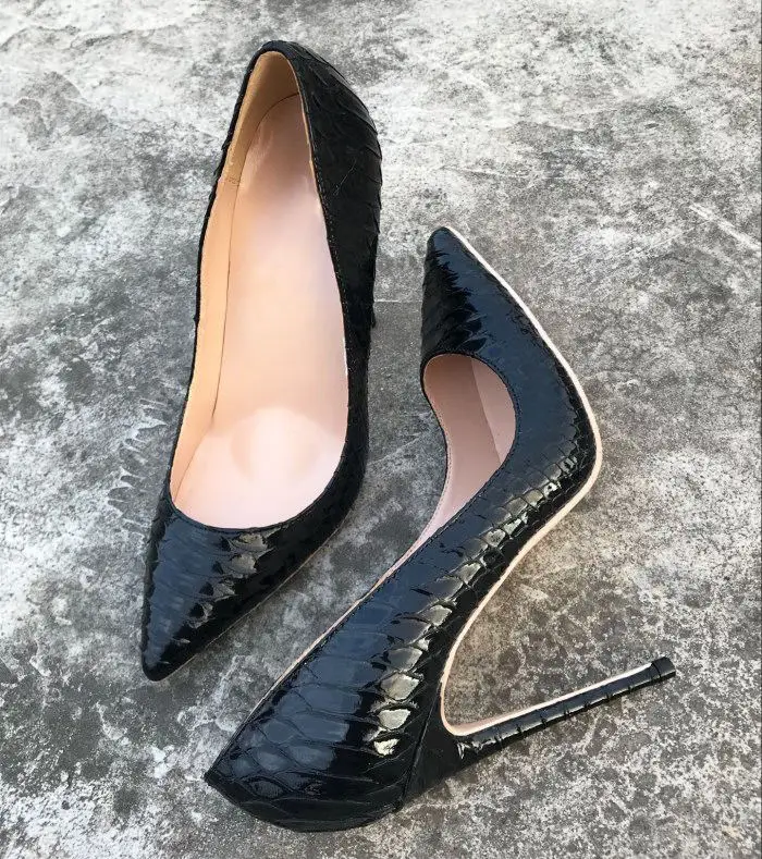 black 12cm Sxzyqfw/Новая женская обувь пикантные женские туфли-лодочки с острым носком на высоком каблуке 12 см/10 см/8 см, с принтом змеи; большие размеры 43, 44 - Цвет: black 12cm