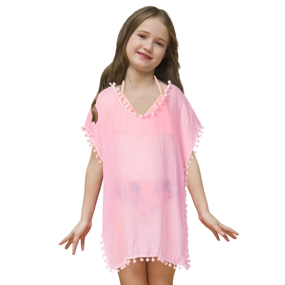 New Fashion Kid Girls Chiffon Unicorn Cover-up Rainbow Beach Swimsuit Coverup Pompom Tassel Pink White Kids Cover up | Детская одежда и