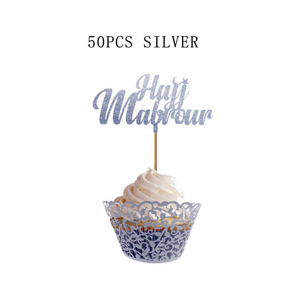 50 шт. блестящая бумага Hajj Mubrour Cupcake Topper черный золотой серебряный mubarak торт