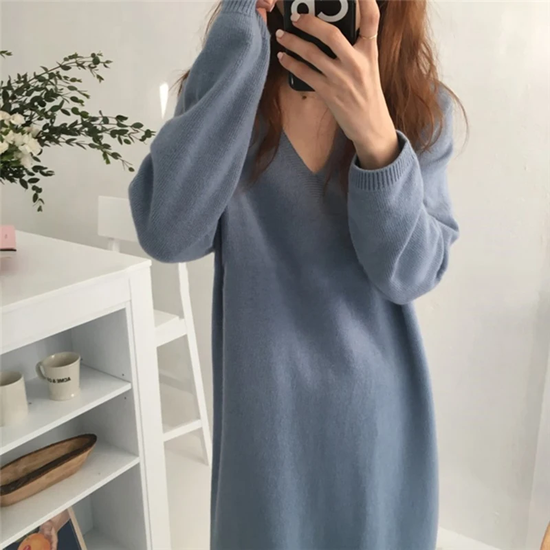 2019 Autumn Korean Women Casual Knitted Dress Solid Ankle-Length Full Sleeve V-Neck Party Vestidos Cute Clothing | Женская одежда