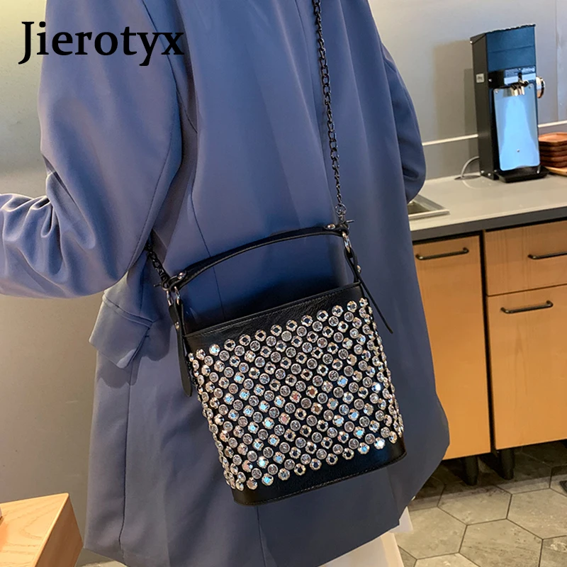 Jierotyx Модные Бриллианты кожа черный ведро сумки на плечо сумка для женщин хорошее