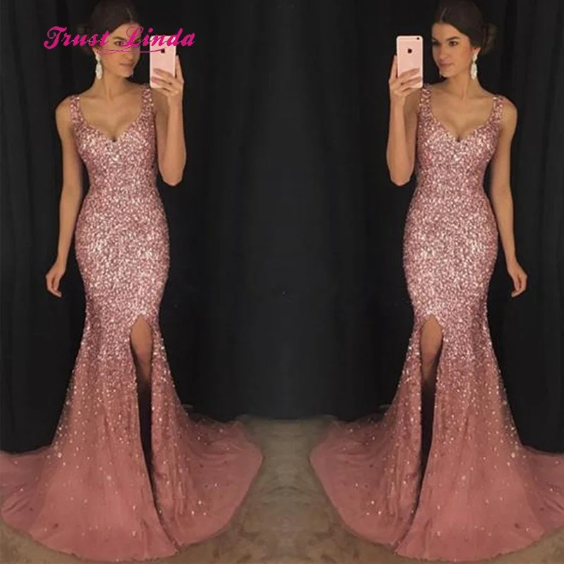 dusty pink Великолепное длинное платье для свадебной вечеринки для женщин Милая Длина до пола русалка свадебное украшение из хрустальных бусин Вечерние Платье С Боковым Разрезом - Цвет: dusty pink