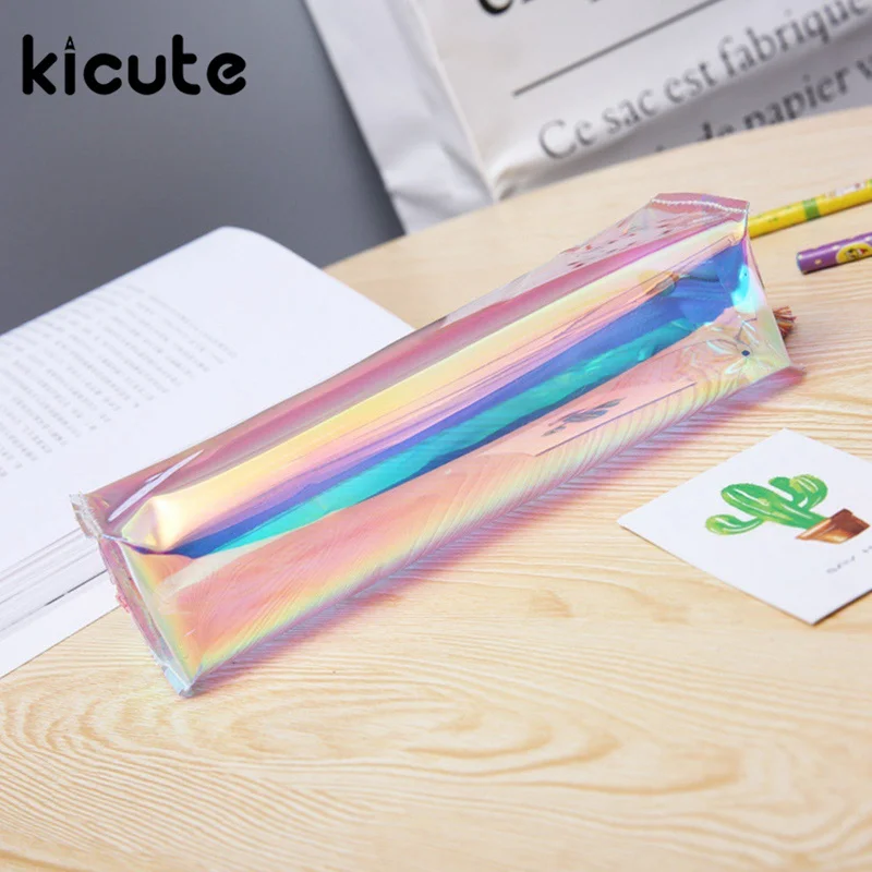 Kicute 1 шт. Прозрачный чехол для карандашей простая и стильная сумка для косметики голографический металлический цвет для студентов и работников