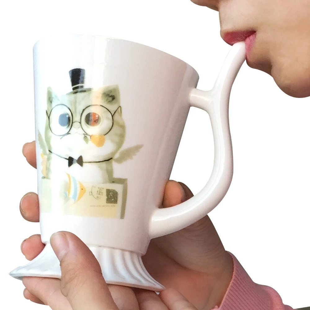 

280ml Cartoon Kitty Cup Handgrip Lid Spoon Kitten Milk Coffee Ceramic Mug Children Home Office Gifts