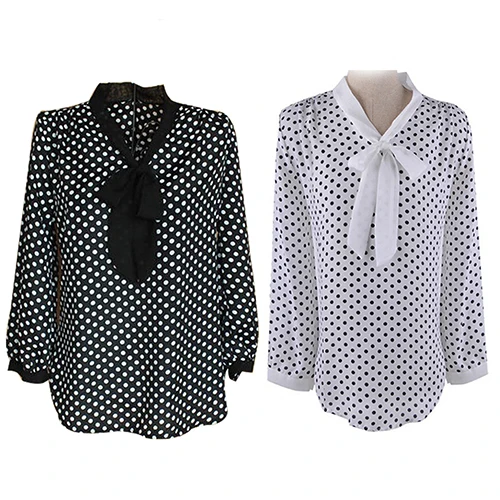 Женская шифоновая блузка в горошек рубашка с бантом и длинным рукавом весна-лето