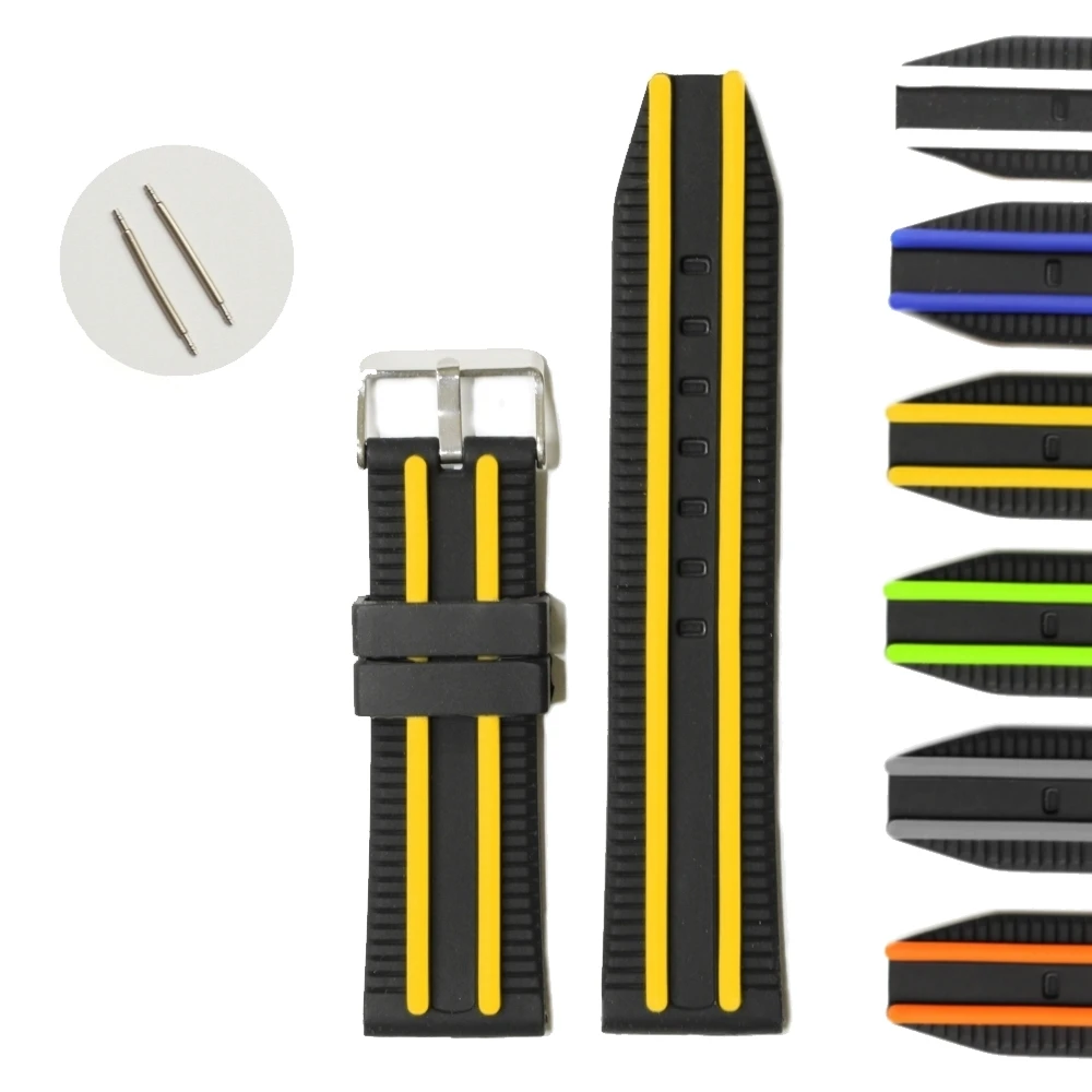 24 мм силиконовый ремешок для часов двухцветный браслет черный с цветом желтый