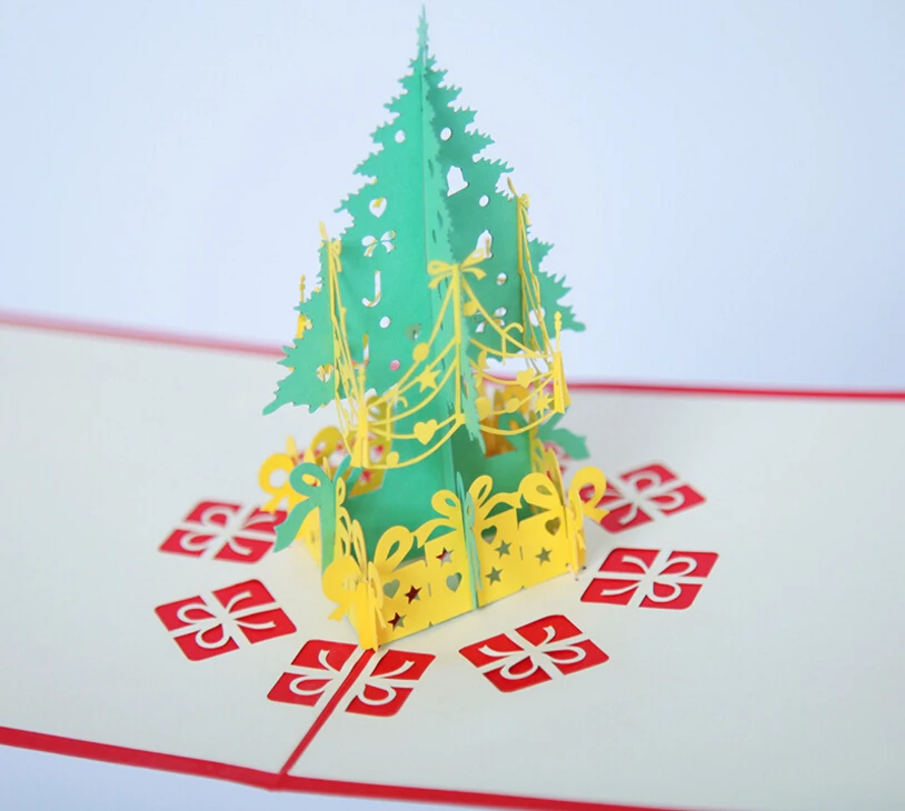 1 шт. Рождественская елка винтажная 3D лазерная резка всплывающая бумага ручной работы на заказ поздравительные открытки Рождественские подарки сувенирные открытки - Цвет: Цвет: желтый