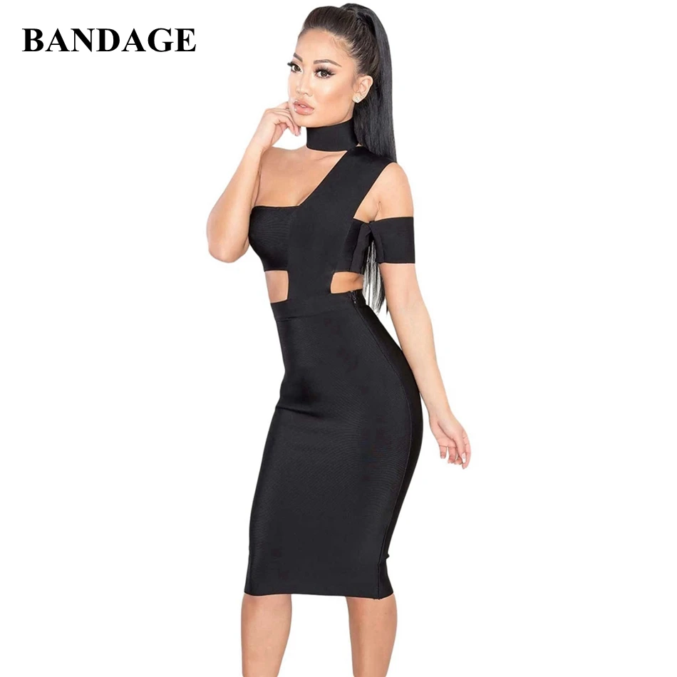

New One Shoulder Black Women Bandage Dress Sleeveless Backless Dresses Celebrity Party Club Sexy Bodycon Vestidos HL