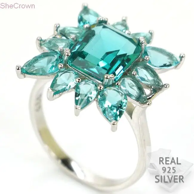 

4.2g Real 925 Solid Sterling Silver 2018 Rich Blue Aquamarine Gift For Girls Rings US 7.5# 21x19mm