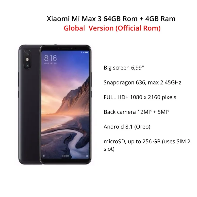 Глобальная версия Xiaomi Mi Max 3 64 ГБ ROM 4 оперативной памяти (1 год гарантии продавца)