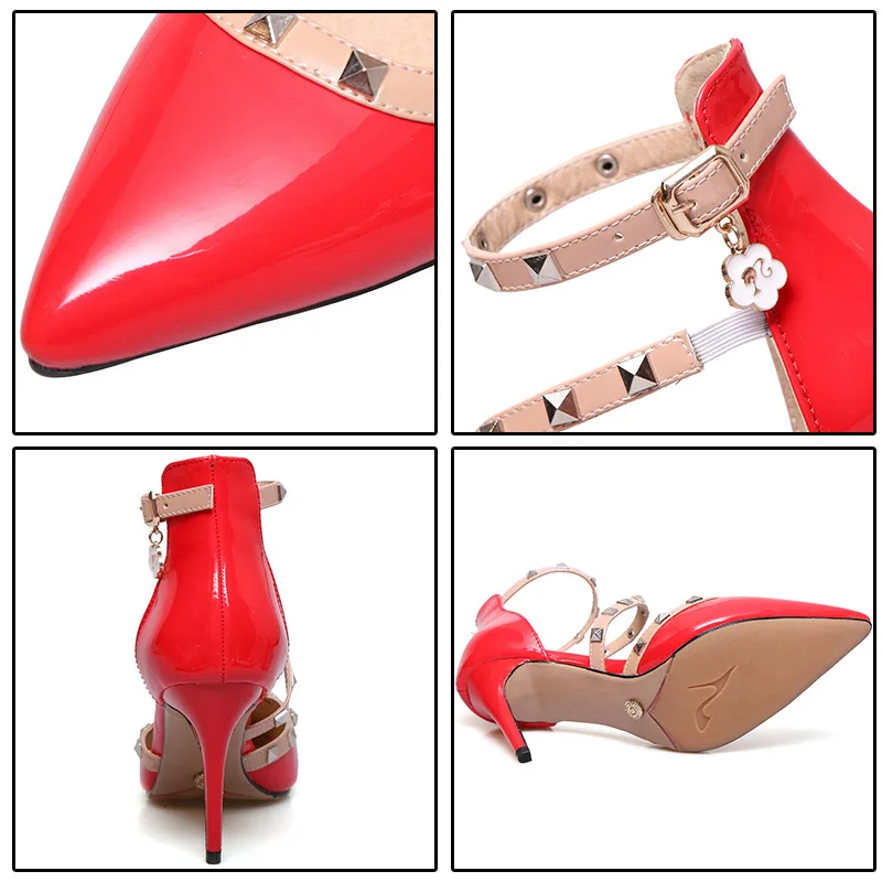 Красные панк сандалии с ремешками на лодыжках каблуке 8 см и заклепками женские