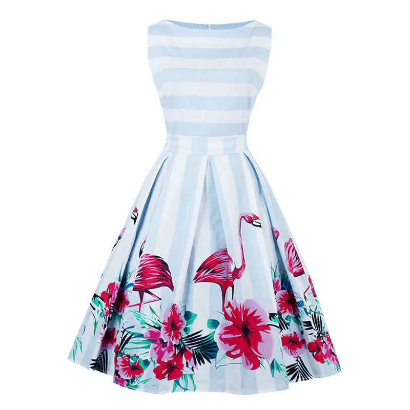 

Quality Flamingo Print Summer Dress Women 2018 Sleeveless Hepburn 1950s 60s Vintage Dress Striped Tunic Swing Dresses Plus Size