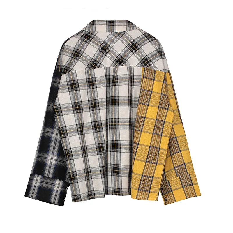 Женская клетчатая блузка с цветными блоками Весенняя Лоскутная рубашка длинными
