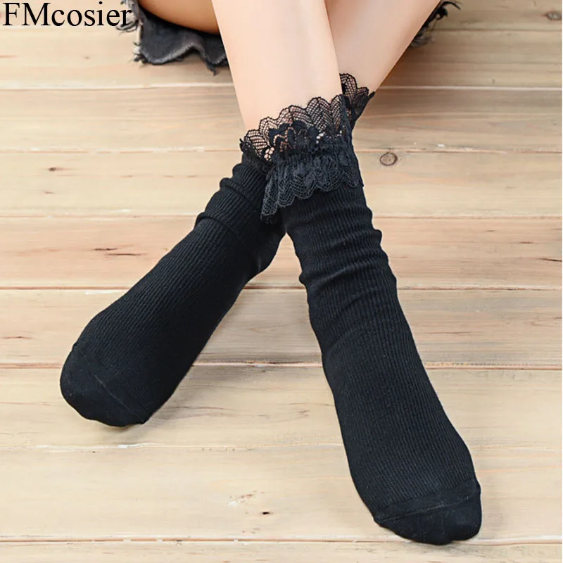 

10 Pairs New Autumn Fall Winter Woman Cotton Lace Socks Lot Cute Sock For Ladies Casual Black Gray Sox Meias Sokken Underwear