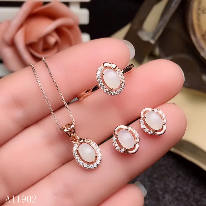 KJJEAXCMY boutique jewels 925 sterling silver inlaid natural gemstone white jade ladies ring necklace pendant earrings set suppo