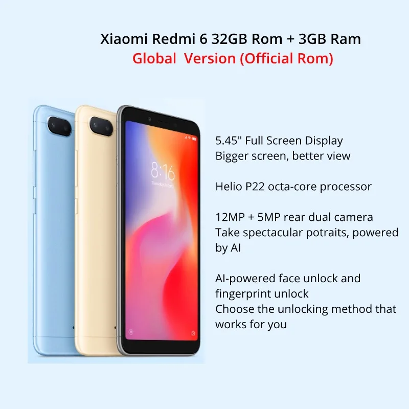 Глобальная версия Xiaomi Redmi 6 32 ГБ Встроенная память 3 Оперативная (новый комплект и