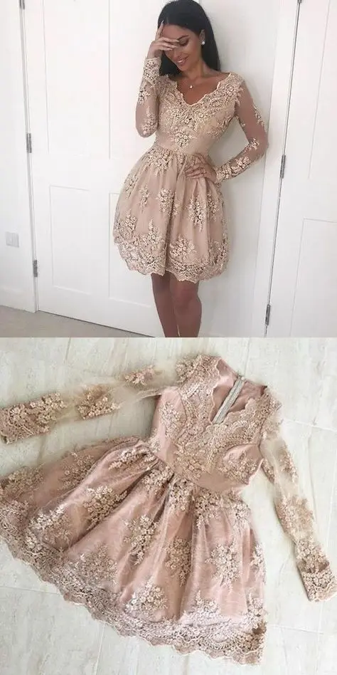 Праздничные Выпускные платья vestido de formatura с v-образным вырезом и длинными рукавами, короткие розовые кружевные платья для выпускного вечера