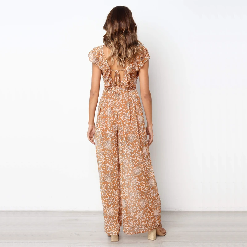 Новинка 2019 Женский шифоновый комбинезон с цветочным принтом и широкими